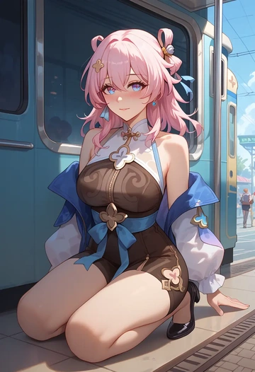 star rail,march 7th,sleeveless top,bike shorts  - AI generated anime art